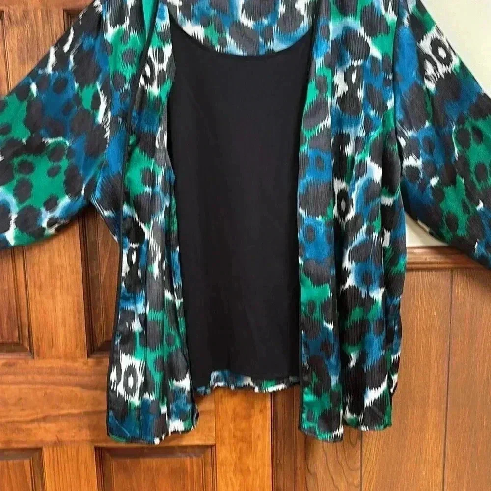 Maggie Barnes W/Black Shell Front Patterned W/Green Black White Teal Design 3X - Picture 5 of 7